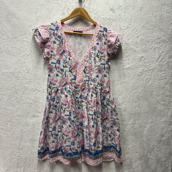 Vineyard Vines Martha's Mini Dress Womens Medium Pink Blue Floral Flutter Sleeve - Picture 2 of 7